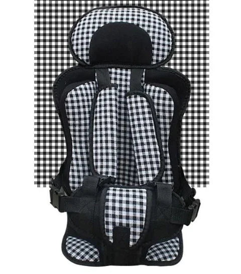 Black and white checkered child safety car seat with padded straps and head support