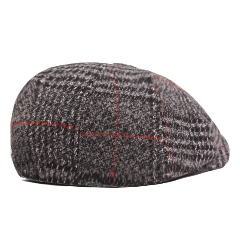 Gray flat cap with black and red plaid pattern, classic tweed mens hat