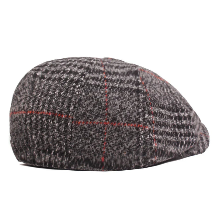 Gray flat cap with black and red plaid pattern, classic tweed mens hat