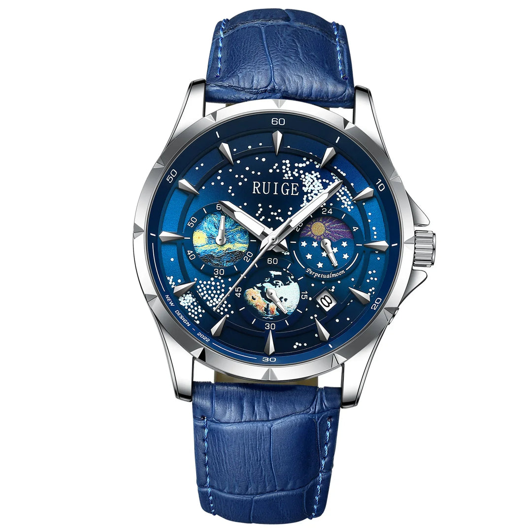 RUIGE men's blue leather strap wristwatch with silver case, starry sky dial and three subdials