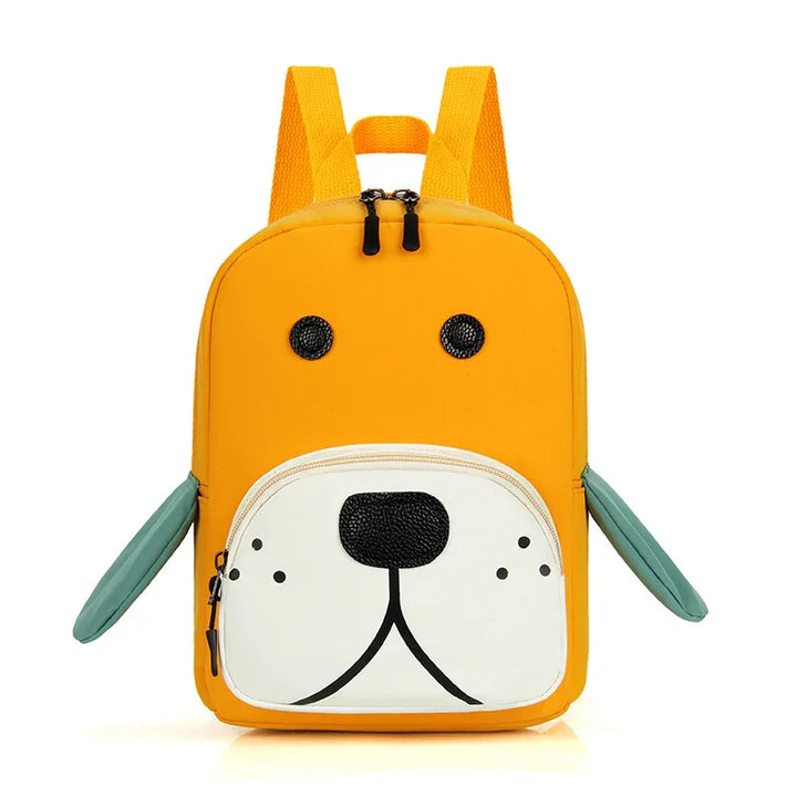 Yellow kids backpack with playful dog face design and light blue ears on white background