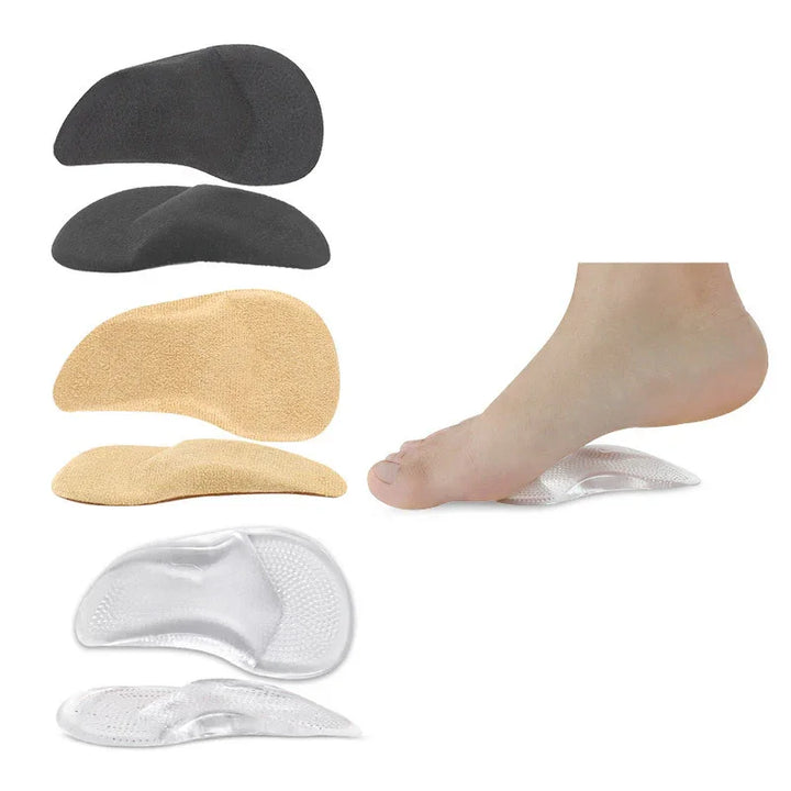 Black, beige, and clear gel arch foot insoles with a foot demonstrating clear gel insole support