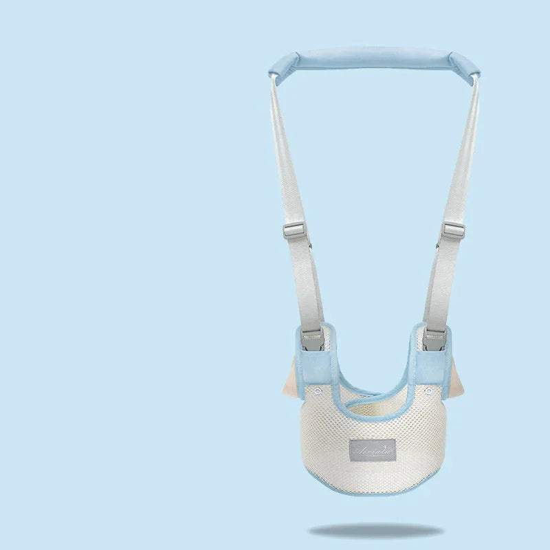Blue and white adjustable baby walking harness with padded shoulder straps and breathable mesh on light blue background