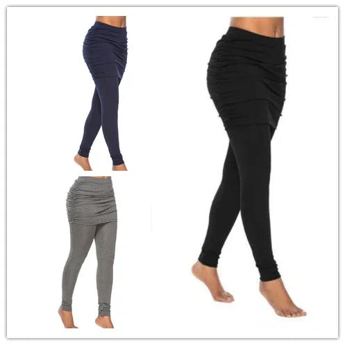 Women wearing ruched skirt leggings in black, navy blue, and gray colors on a white background