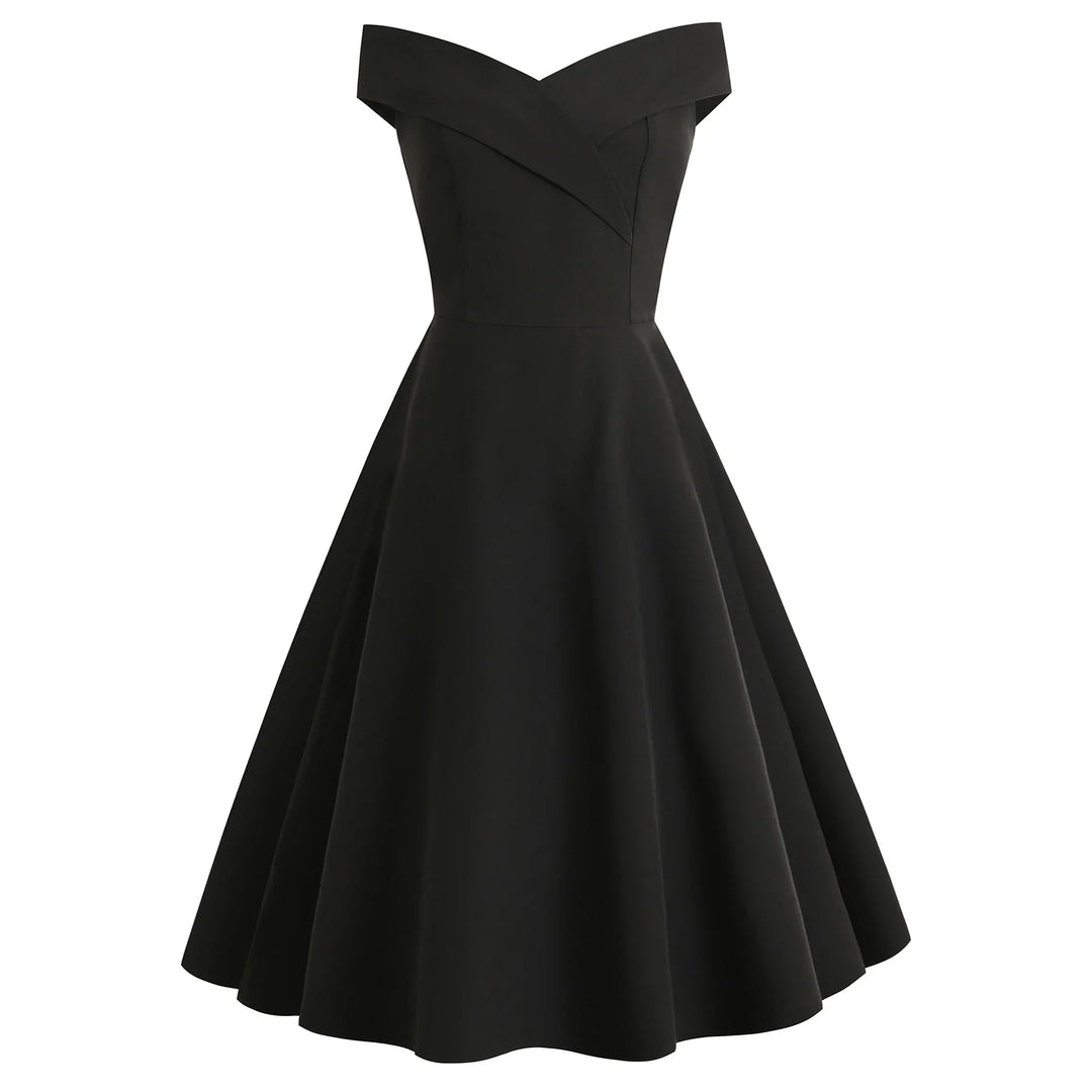 Black off-shoulder vintage A-line cocktail dress with fitted bodice and flared skirt