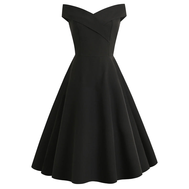 Black off-shoulder vintage A-line cocktail dress with fitted bodice and flared skirt