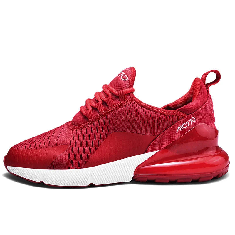 Red Nike Air Max 270 sneaker with white midsole and visible air cushion sole
