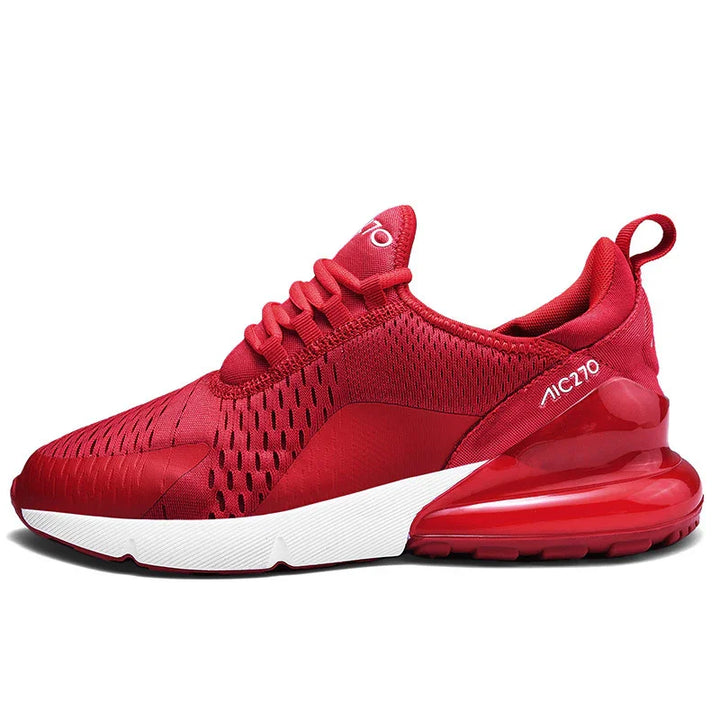 Red Nike Air Max 270 sneaker with white midsole and visible air cushion sole