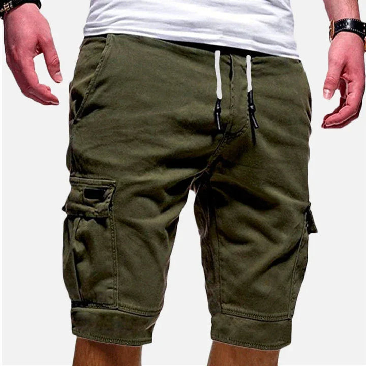 men's olive green cargo shorts with drawstring waist and side pockets