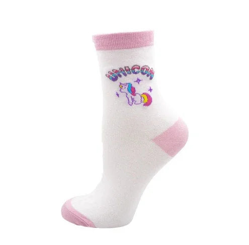 White ankle sock with pink cuff, heel, and toe featuring a colorful unicorn and 'UNICORN' text