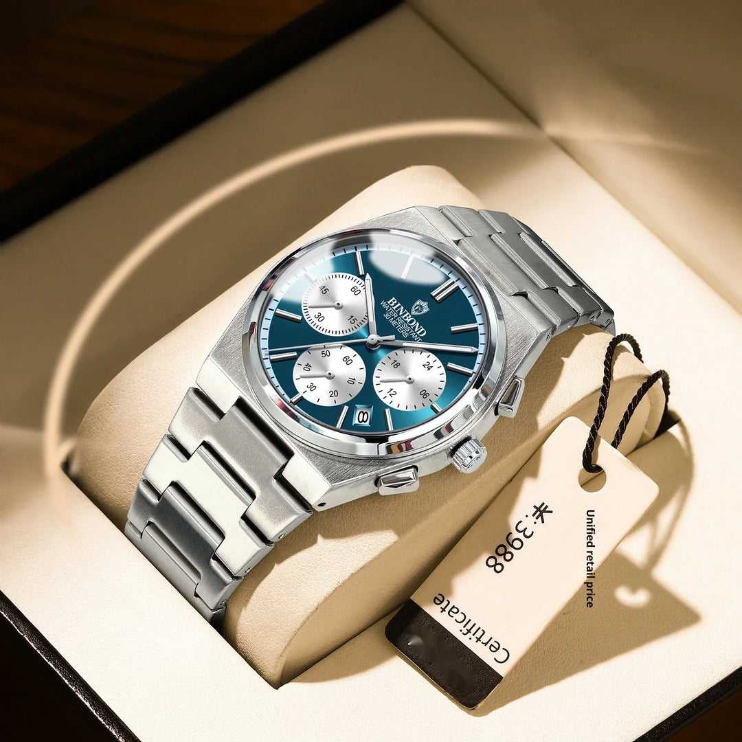 BINBOND men's silver stainless steel wristwatch with blue dial and chronograph subdials in beige display box