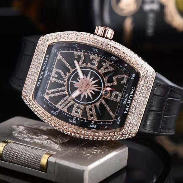 Franck Muller Yachting wristwatch with diamond-encrusted bezel, black dial, and leather strap