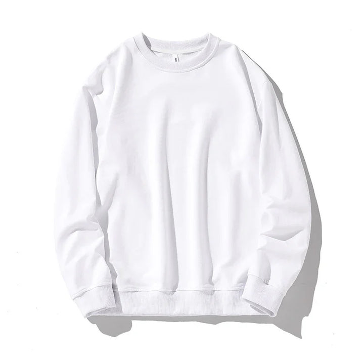 White crewneck sweatshirt with long sleeves and ribbed cuffs, displayed on white background
