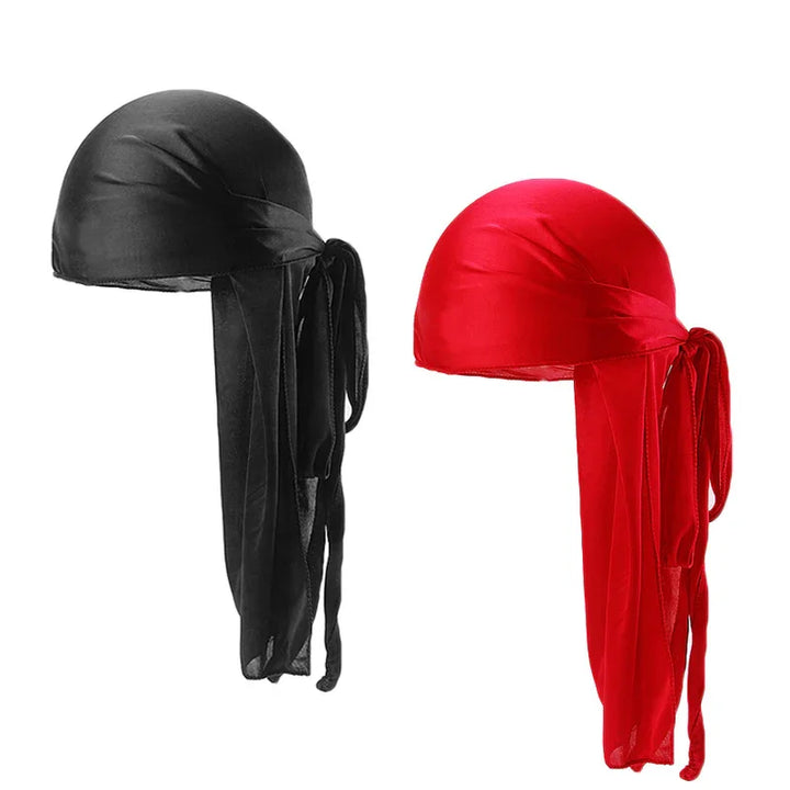 Black and red satin durag headwear with long tails on white background