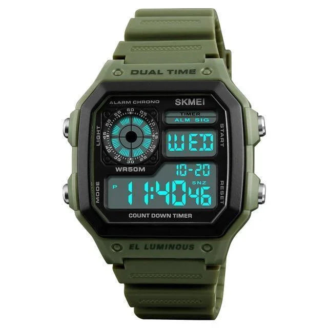 SKMEI digital military watch with dual time, alarm, countdown timer, and luminous green strap