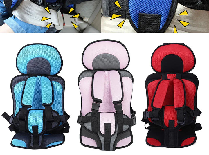 Three colorful child safety car seats in blue, pink, and red with harness straps on white background
