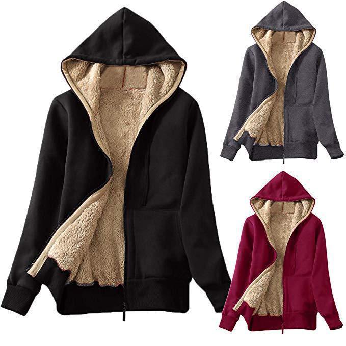 Three cozy hooded jackets with warm sherpa lining in black, gray, and burgundy colors