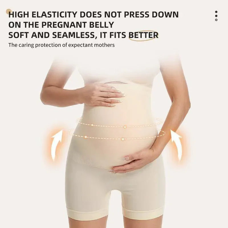 Pregnant woman wearing seamless high elasticity maternity belly support shorts, soft and comfortable fit