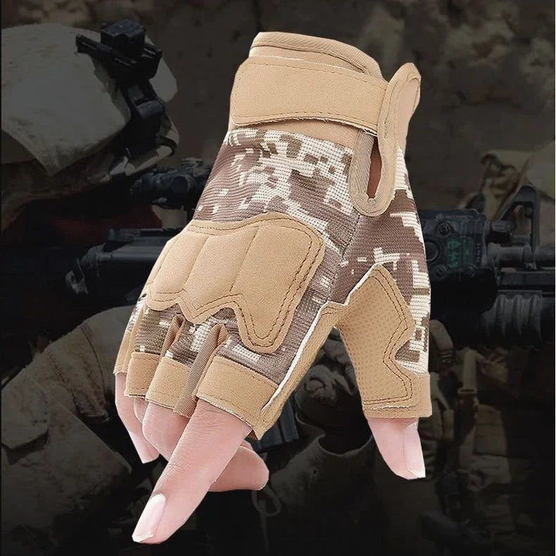 Tactical half-finger gloves with camouflage and padding on hand against military background