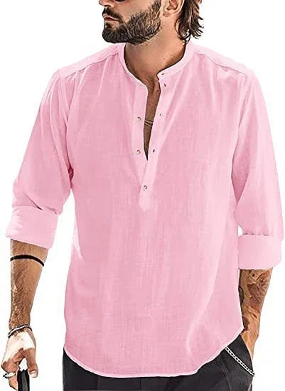 man wearing casual pink linen shirt with rolled-up sleeves and mandarin collar