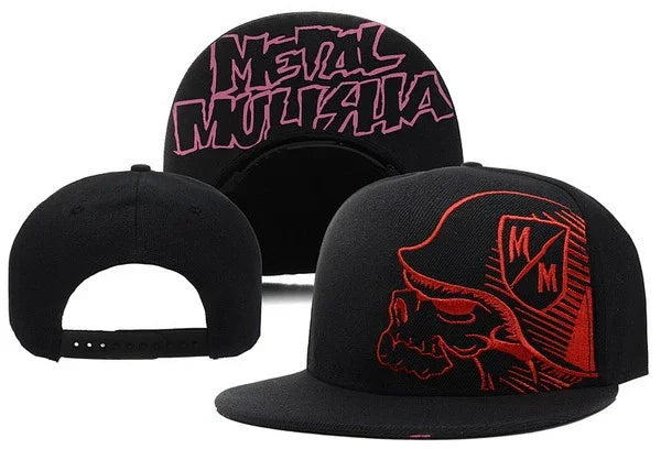 Black snapback hat with red skull wearing helmet and MM logo, Metal Mulisha text inside brim