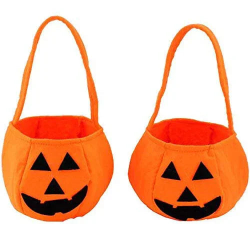 Two orange plush Halloween pumpkin trick-or-treat bags with black jack-o'-lantern faces and handles