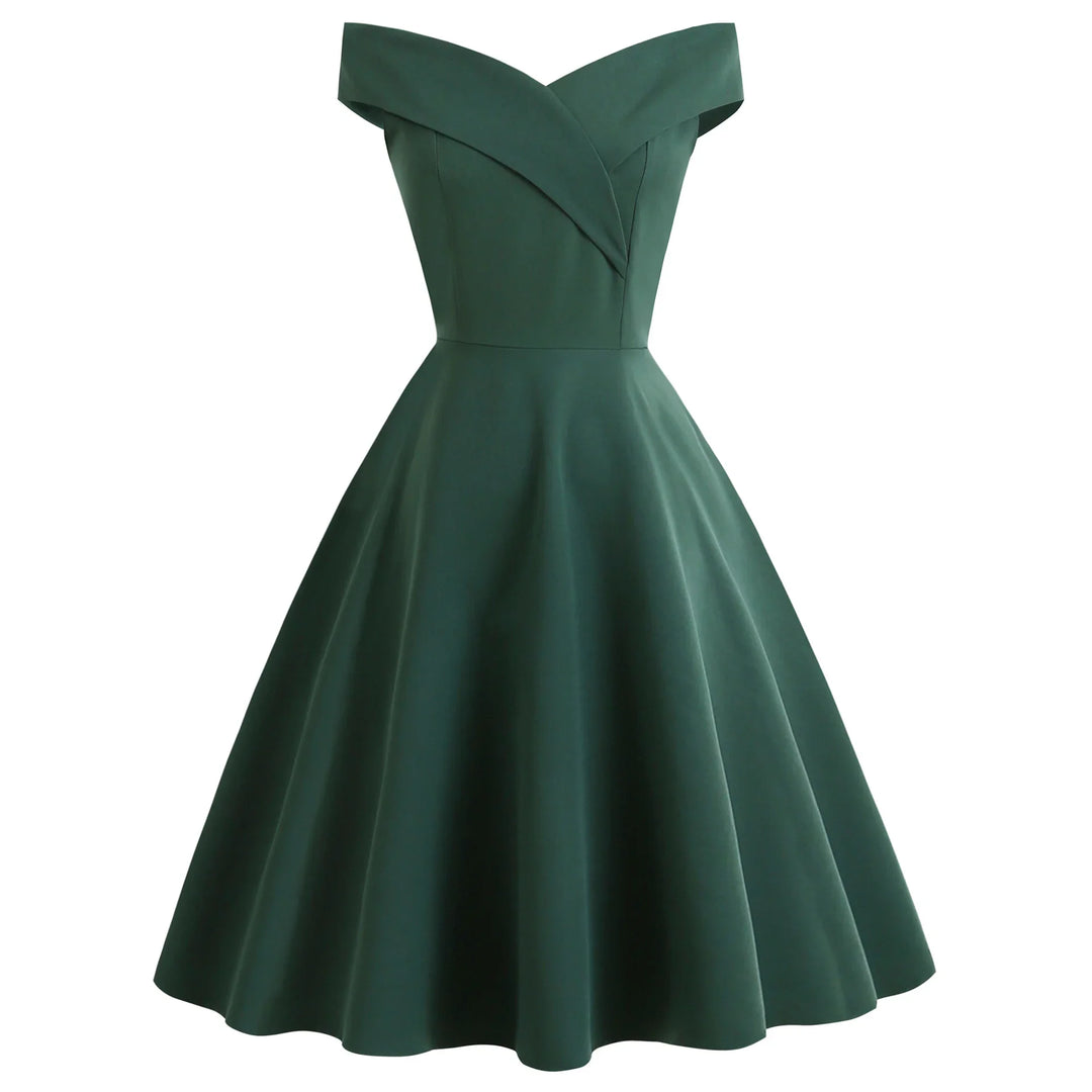Elegant dark green off-shoulder vintage-style fit and flare dress with wide neckline