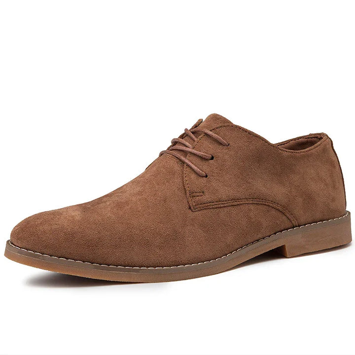 Brown suede men's casual lace-up shoe with rubber sole on white background