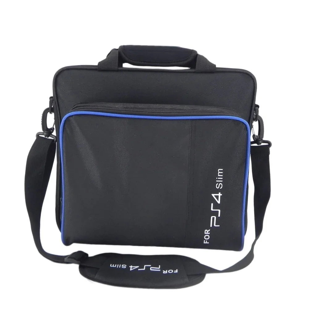 Black carrying bag with blue trim and strap designed for PS4 Slim console