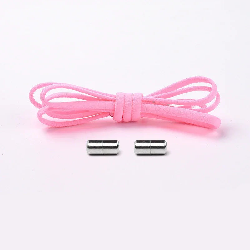 Pink elastic shoelace with two silver metal aglets on a white background