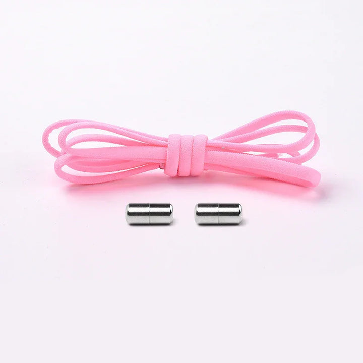 Pink elastic shoelace with two silver metal aglets on a white background