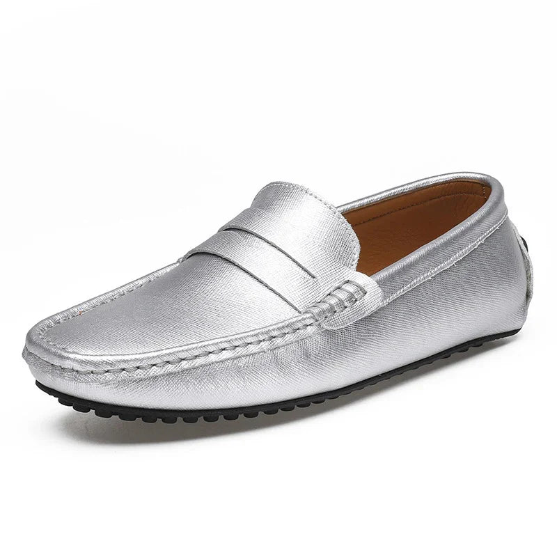 Silver men's leather driving loafer with moccasin stitching and black rubber sole