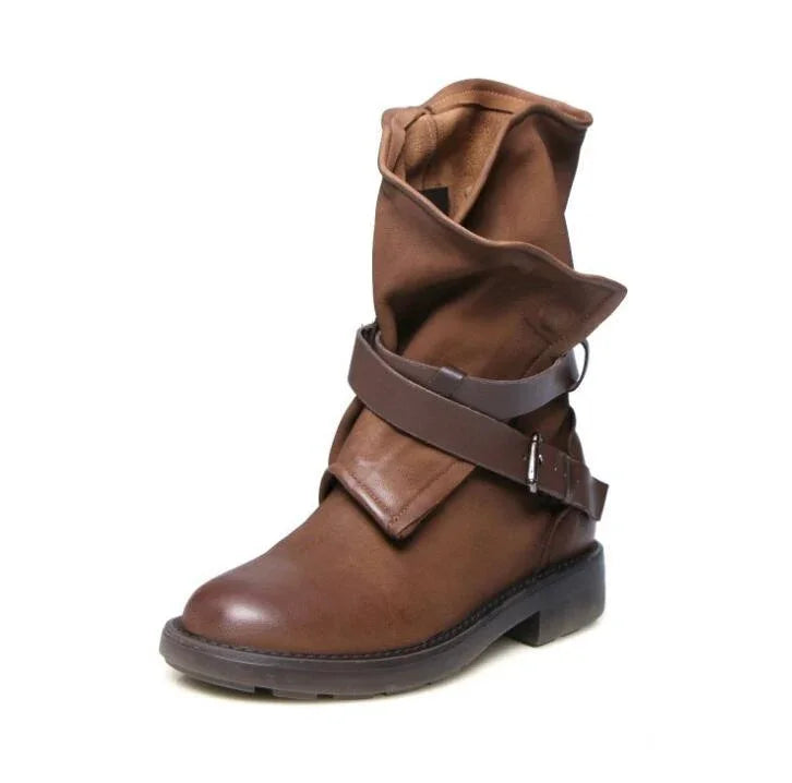 brown leather ankle boot with folded cuff and wrap-around strap on white background