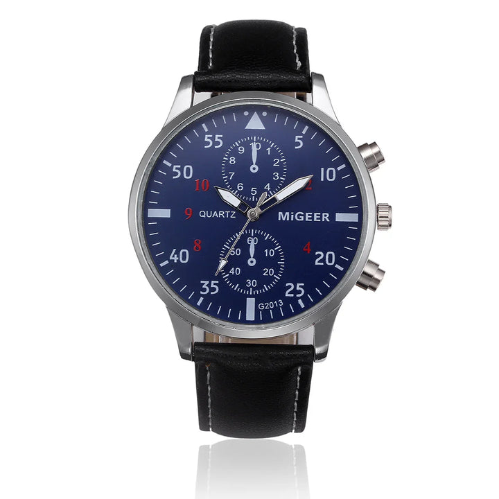 MiGEER men's quartz wristwatch with blue dial, black leather strap, and silver case