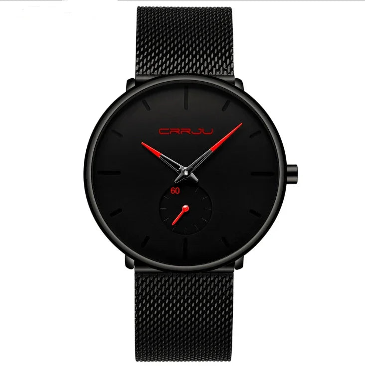 Minimalist black wristwatch with red hands, CRRJU branding, and mesh strap