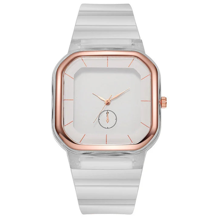 Modern square white wristwatch with rose gold bezel and minimalistic dial design