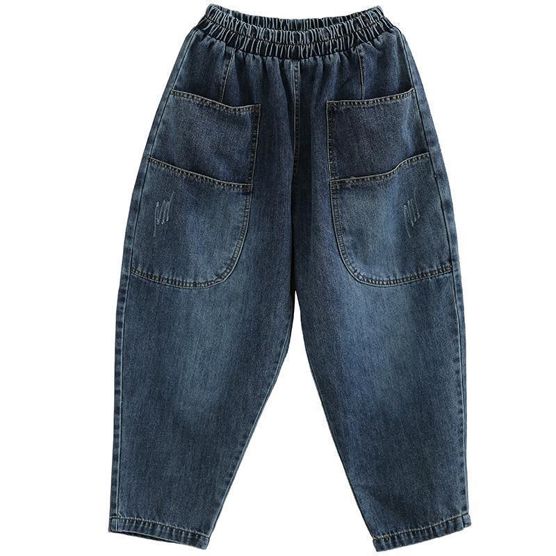 Dark blue denim pants with elastic waistband and large front patch pockets