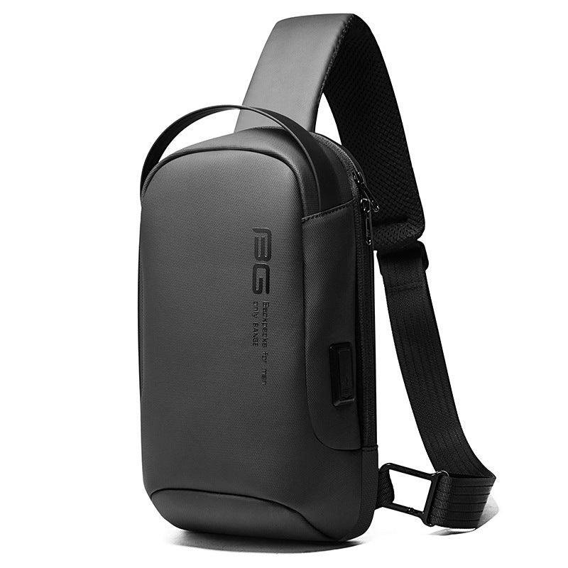 Sleek black crossbody sling bag with padded strap, zipper closure, and modern minimalist design