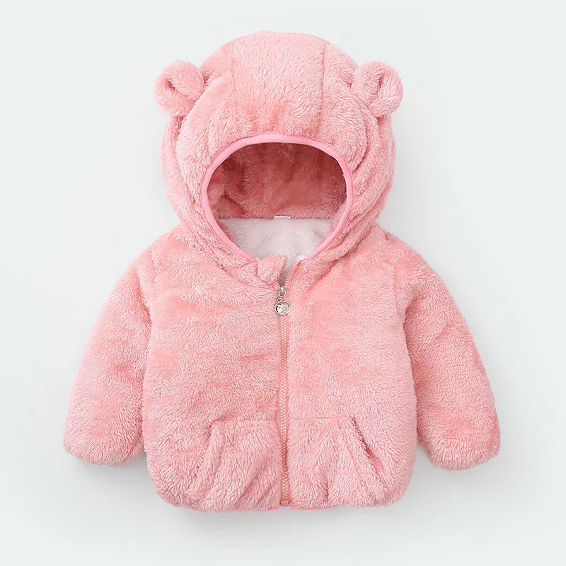 Soft pink baby jacket with hood and bear ears, cozy plush fabric, front zipper and pockets