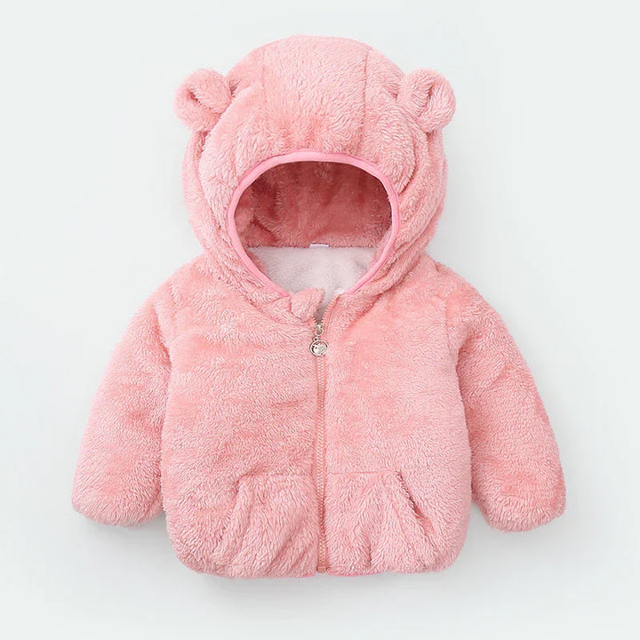 Soft pink baby jacket with hood and bear ears, cozy plush fabric, front zipper and pockets