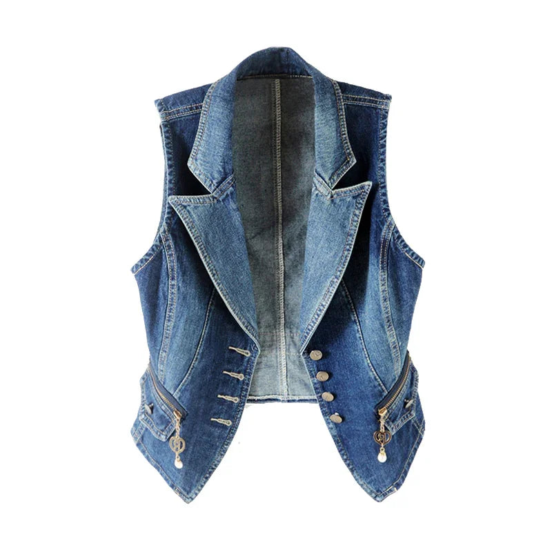 Blue denim vest with lapel collar, silver buttons, and zippered pockets on white background