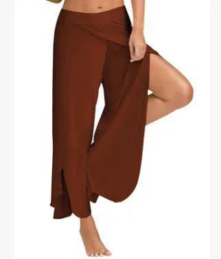 Brown wide-leg wrap pants with front slit detail on barefoot model