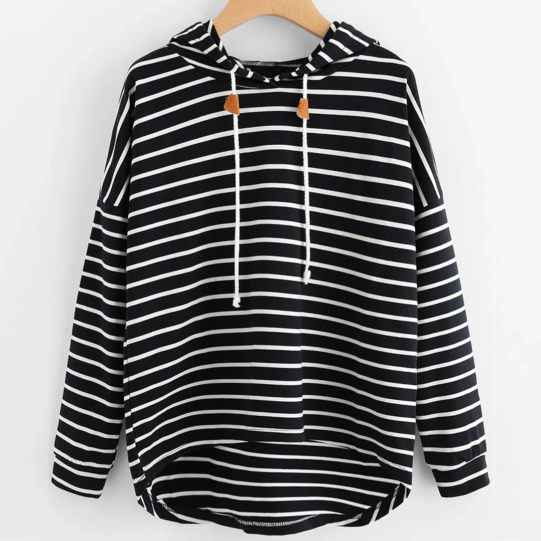 Black and white horizontal striped hoodie with drawstrings on wooden hanger