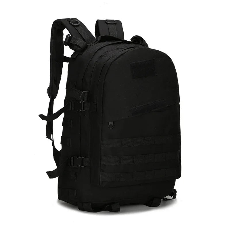 Black tactical backpack with multiple straps, MOLLE webbing, and padded shoulder straps