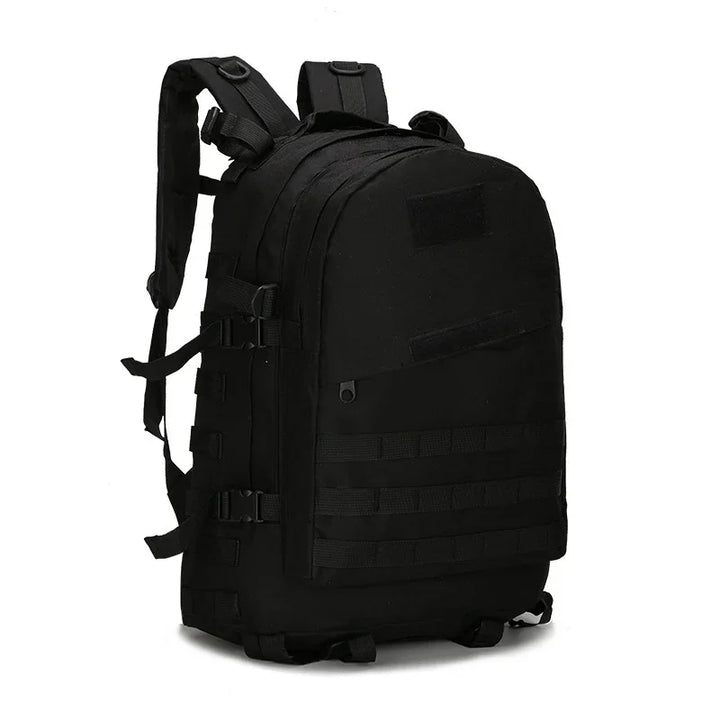 Black tactical backpack with multiple straps, MOLLE webbing, and padded shoulder straps