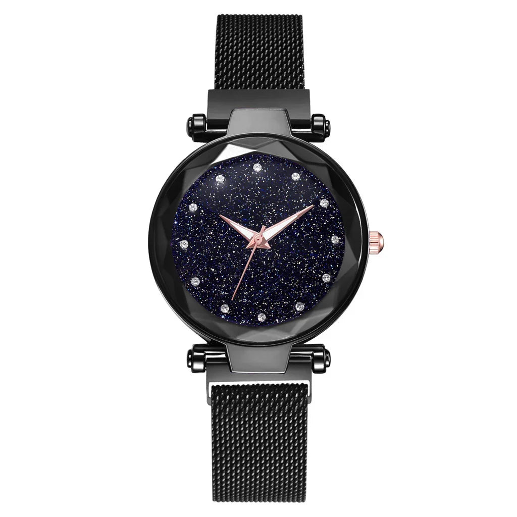 Elegant black mesh band wristwatch with dark blue glittery starry dial and rose gold hands