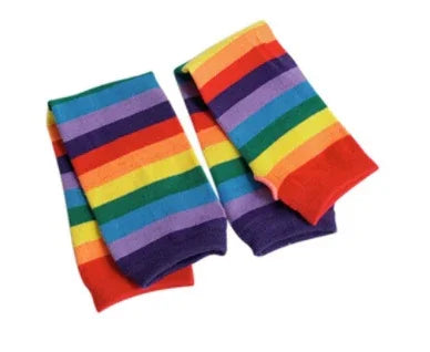 Pair of colorful rainbow striped socks with red and purple cuffs