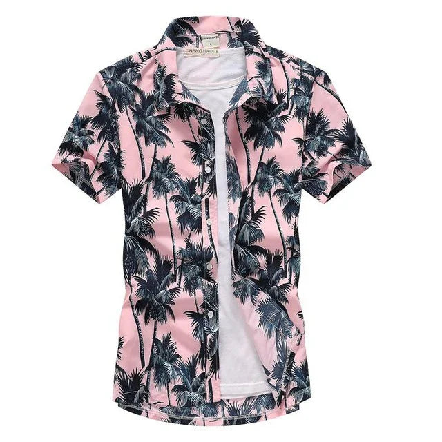 Pink short-sleeve button-up shirt with black palm tree print over a white undershirt