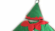 Christmas elf hat and collar with green and red fabric and white pom-pom on green hat