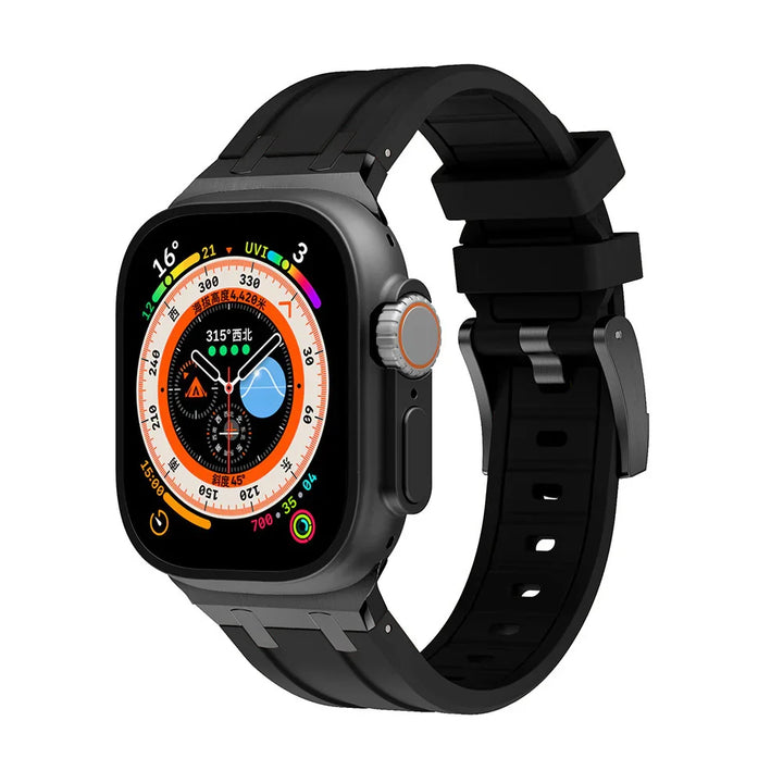 Black rugged smartwatch with digital compass, altimeter, and colorful activity rings on display